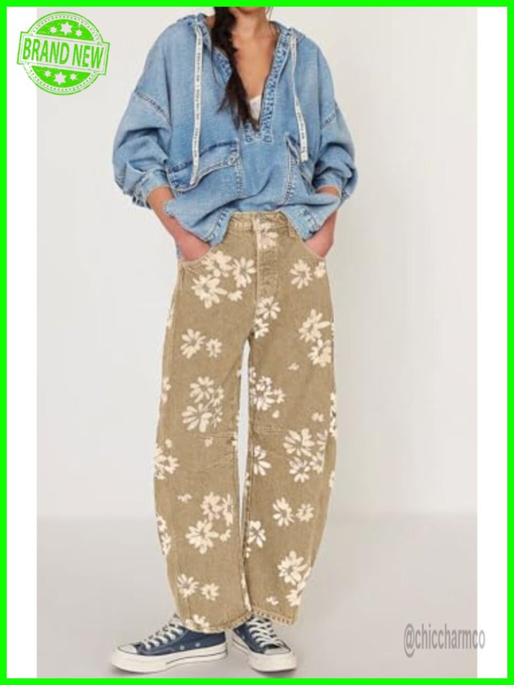 Y2k Distressed Barrel Jeans Floral Printed Patchwork Denim Pants - Picture 3 of 7
